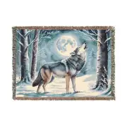 Wolf Howling At The Moon In Winter Frosty Snow Woods Cotton Woven Blanket