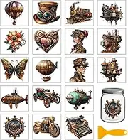 GLOBLELAND 18 Sheets Vintage Steampunk Rub on Transfers Metal Machinery Cars Waterproof UV DTF Cup Wraps Hot Air Balloon Decals Stickers for Water Glass Bottle Vase Crafts
