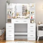 Vanity Desk with Lighted Mirror,Makeup Desk with 7 Drawers,6 Shelves,3 Lighting Modes Adjustable Brightness,Large Vanity Table for Women, Girls (White)