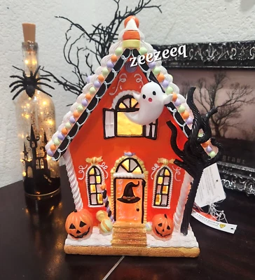Halloween Gingerbread Ghost Pumpkins Orange Haunted House 12” LED Light Up