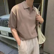 Plain Polo Knit Top Khaki - M