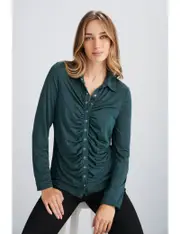 Emerge Long Sleeve Ruched Button Front Knit Top - Size XL - Womens - Dark Green