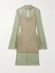 [PATBO] PATBO - Crystal-embellished Stretch-mesh Mini Dress - Green - US6 US 6 Green