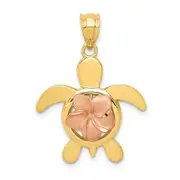 14k Two-tone Gold Diamond-cut Rose Plumeria Turtle Pendant
