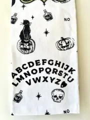 2 HALLOWEEN SPIRIT BOARD KITCHEN TOWELS BLACK WHITE CAT SKULL PLANCHETTE STARS