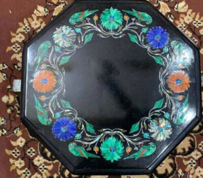 13" black marble side coffee corner table top inlay green malachite decor room