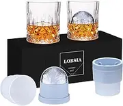 Whisky Glass, Set of 4 (2 Crystal Tumbler Glasses, 2 Large Ice Ball Moulds) in Gift Box - 300ml Whiskey Glasses for Scotch Cocktail Rum Cognac Vodka Liqueurs, Unique Gifts for Men