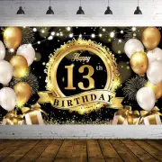 Happy 13th Birthday Decoration Backdrop Banner Black Gold Extra Large Fabric Bir