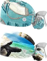 [WOSHJIUK] Working Hat 2 Pack Scrub Caps for Women,sea Sun Sand Anchor,Tie Back Cap Adjustable Scrub Hat