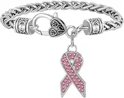 [TEAMER] Pink Crystal Stone Breast Cancer Awareness Ribbon Charm Lobster Clasp Bracelet for Women