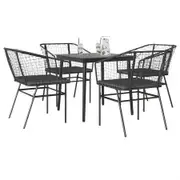 5 Piece Garden Dining Set with Cushions Black Poly Rattan Glass