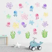 380 Yovkky Under The Sea Jellyfish Wall Decals Stickers, Watercolor Ocean Flower Bubble Seaweed Toddler Baby Nursery Decor, Coastal Beach Home Decorations Kids Bedroom Playroom Bathroom Art