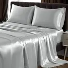 4Pcs Satin Sheet Set King Size Ultra Silky Soft Light Grey Satin King Bed She...