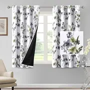 [Smarcute] 100% Blackout Curtains 160cm Drop 2 Panels Set Cattleya Floral Printed Blockout Light Leah Floral Thermal Curtains for Bedroom with Black Liner Sound Proof Curtains, Grey and Olive