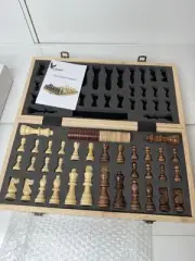 15" Folding Wooden Chess/Checkers Board Game with Game Pieces. Kids/Adults Games
