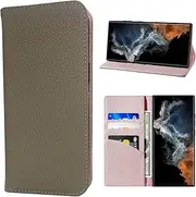 [LANJLM] Samsung Galaxy S22 Ultra Case Genuine Leather Wallet Case Card Holder Shockproof Flip Cover - Gray & Pink