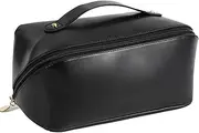 Travel Makeup Bag,Large Capacity PU Waterproof Storage Makeup Bag,Open Flat Toiletry Bag Makeup Organizer,Travel Storage Bag Skin Care Cosmetics Toiletries (A-Black)