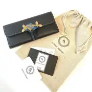 Black Leather Wallet Woman Blue AGATE Semiprecious Stones By Patricia Adelson