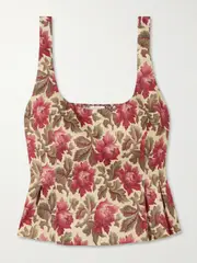 [Posse] Posse - Rosalie Shirred Floral-print Linen Peplum Top - small small Red