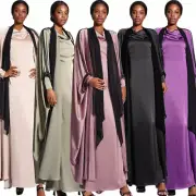 Women Satin Open Long Dress Dress Cardigan Abaya Two Piece Sets Muslim Islamic