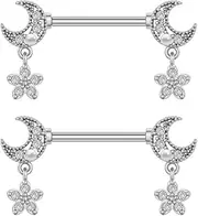 [Kokoma] Moon and Flower Dangle Nipple Rings for Women 14G Cubic Zirconia Floral Danging Charm Nipple Shield Barbell Ring Nipplerings Dainty Body Piercing Jewelry for Women