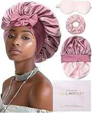 Mulberry Silk Bonnet for Sleeping Women Curly Hair Bonnets with Tie Band Double Layer Reversible Sleep Bonnet Silk Hair Wrap Sleep Cap (Bean Paste + Pink)