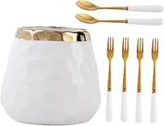 LIFKOME 1 Set Stainless Steel Dessert Forks and Spoons with Ceramic Storage Jar Elegant Kitchen Parties and Restaurants Easy to Clean Portable Fruit and Salad Utensils