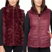 Nicole Miller Reversible Faux Fur Vest Size XS Women's Wine Red Zip Up Quilted