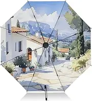 [PDZRMY] UV Protection Travel Umbrella Streetscape House Compact for Rain and Sun - Auto Open and Close UPF 50+ Windproof Portable 46” Sun Umbrella for Women and Men