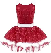 [TiaoBug] Girls Shiny Sequins Christmas Santa Claus Dance Costumes Ballet Tutu Dress Figure Ice Skating Dress