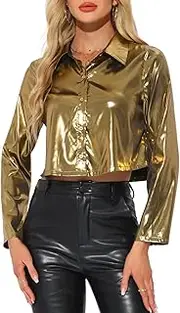 [Allegra K] Women's Shiny Metallic Shirt with V-Neck Button Down Top Summer Outfit, Gold, L