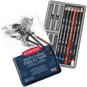 NEW Tin 12pc Derwent Sketching Pencils + Graphite Blocks Set Kit Pencil Sketch