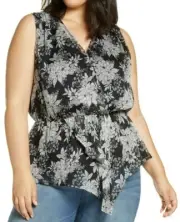 Vince Camuto Sleeveless Chiffon Blouse Size 3X Rich Black White Floral NWT $109