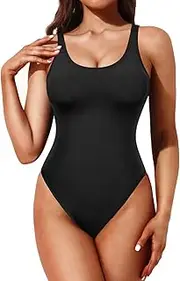 [Tempt Me] Women High Cut One Piece Swimsuit Tummy Control Low Back Scoop Neck Retro 80s Bathing Suit