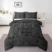Adults Black Damask Comforter Set Antique Victorian Baroque Bedding Set Queen, Exotic Vintage Floral Quilt Gothic Bat Duvet Insert, Bats Sugar Skull Bone Skeleton Boho Decor, Grey