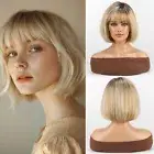 Bob Wig Human Hair Honey Blonde Mix Wig with Bangs Short Straight Wigs for Women