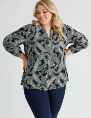Autograph Top PLUS Size 18 Long Sleeve Button Up Shirt Black Paisley Viscose NEW