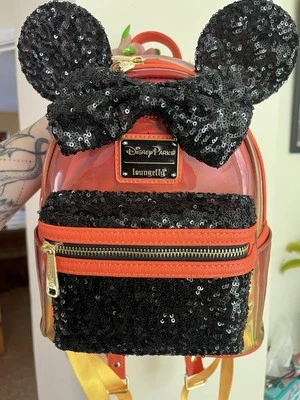 NWT Loungefly Disney Minnie Mouse Halloween Orange Black Sequin Mini Backpack