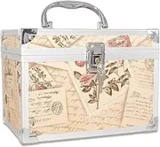VNIMTI Makeup Train Case, Portable Makeup Box with Mirror, Cosmetic Storage Box for Women with Trays, Makeup Box Organizer for Vanity, Travel, Lockable& Large Capacity, 20.5 x 15 x 15 cm,Vintage Stamp
