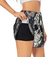 [GaxfjRu] Skull Yoga and Flower Print Women's Running Shorts High Waisted Running Shorts Pocket Sporty Gym Elastic Short