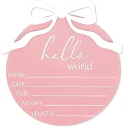 JarThenaAMCS Hello World Bow Acrylic Baby Announcement Sign Coquette 3D Baby Girl Birth Stat Announcement Newborn Baby Name Sign for Baby Shower Photo Prop