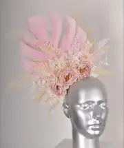 Pastel Fern Monstera Rose Berry Pink Cream Fascinator Headband Flower Crown B...