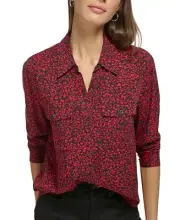 DKNY SCARLET/BLACK Women's Star-Print Button-Front High-Low Top, XL