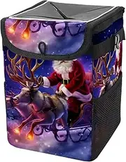 Car Trash Can with Lid and Storage Pockets Leak-Proof Organizer,Multipurpose Trash Bin for Car,Christmas Santa Claus Winter Deer Moon