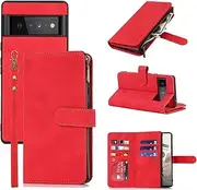 Cavor for Google Pixel 6 Pro Case[6.71 inch] PU Leather Folio Flip Cover Kickstand 2 in 1 Detachable Wallet Magnetic Case Zipper Coin Pocket 6 Card Slots-Red