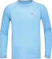 [DRONIRING] Boys UPF 50+ Fishing Shirt with Pocket/Non-Pocket - Kids SPF UV Sun Protection Rash Guard Long Sleeve Swim Shirts, Crew Neck-light Blue, Small