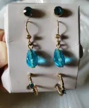 Light Blue Rhinestones Earrings Sag Pierced Ears Jewelry Hoops Studs Dangle Set
