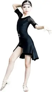 RWGKCDB Girl Latin Dance Dresses, Professional Tango Salsa Rumba Samba Costume, Mesh Keyhole Back Leotard Bodysuit(Size:120)