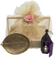 Leaves of Purple Light Gift Basket, Metal Leaf Jewelry Tray & Lantern LED Light
