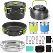 18pcs Camping Cookware, Backpacking Compact Camping Cooking Set Camping Pot with Stainless Steel Cups Plates Forks Knives Spoons Green